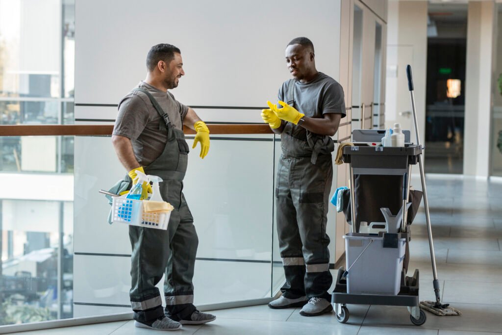 Deux préposés à l'entretien ménager en uniforme avec leur chariot de nettoyage